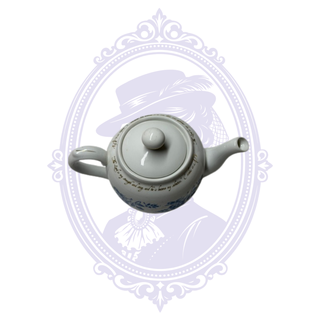 DaySpring Cards Exodus 15:2 Scripture Teapot – Blue Floral & Gold Porcelain