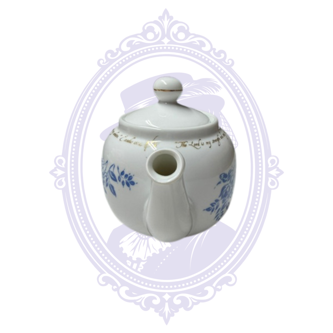DaySpring Cards Exodus 15:2 Scripture Teapot – Blue Floral & Gold Porcelain