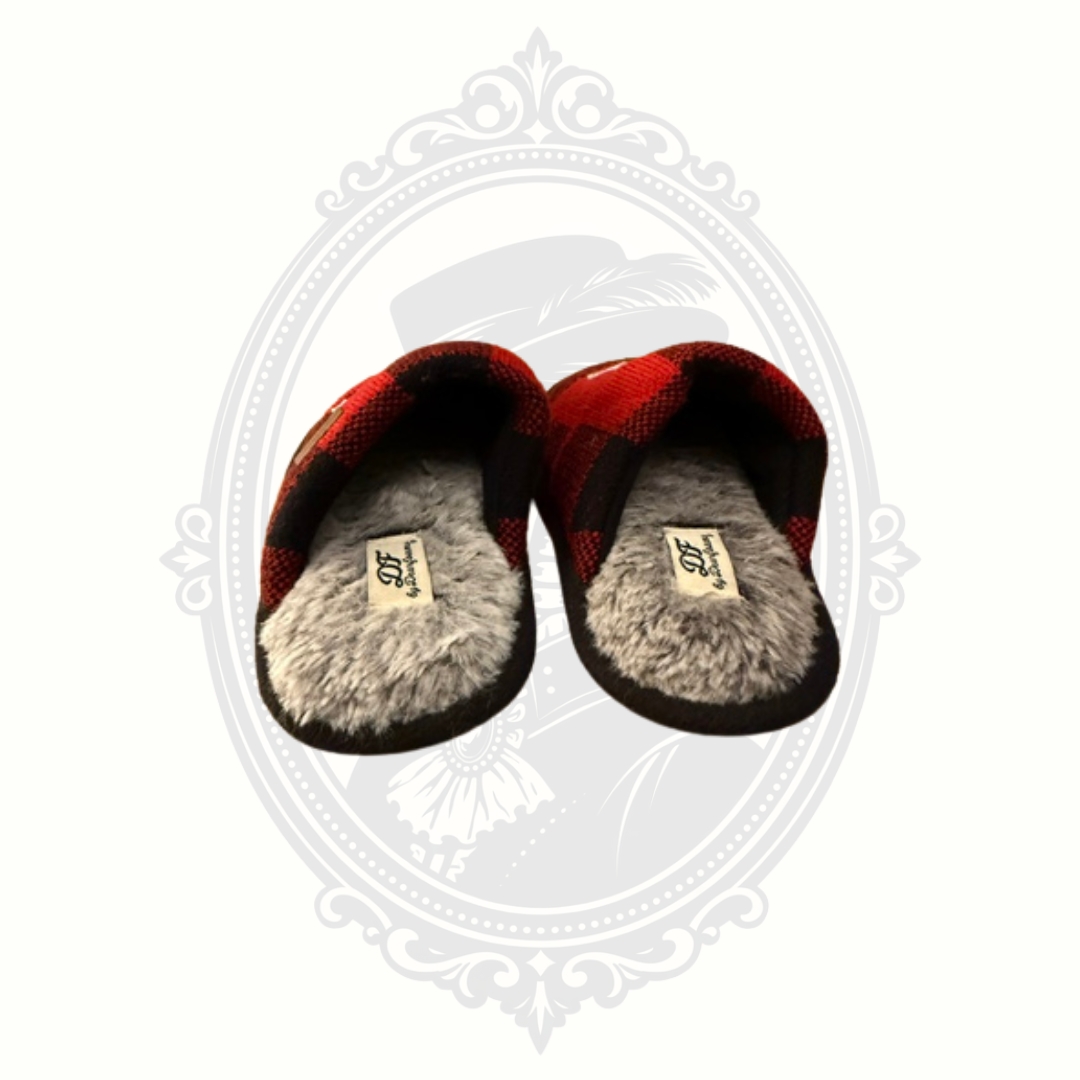 Dearfoams Lil Bear Buffalo Plaid Plush House Slippers Kids US 11-12 Red Black