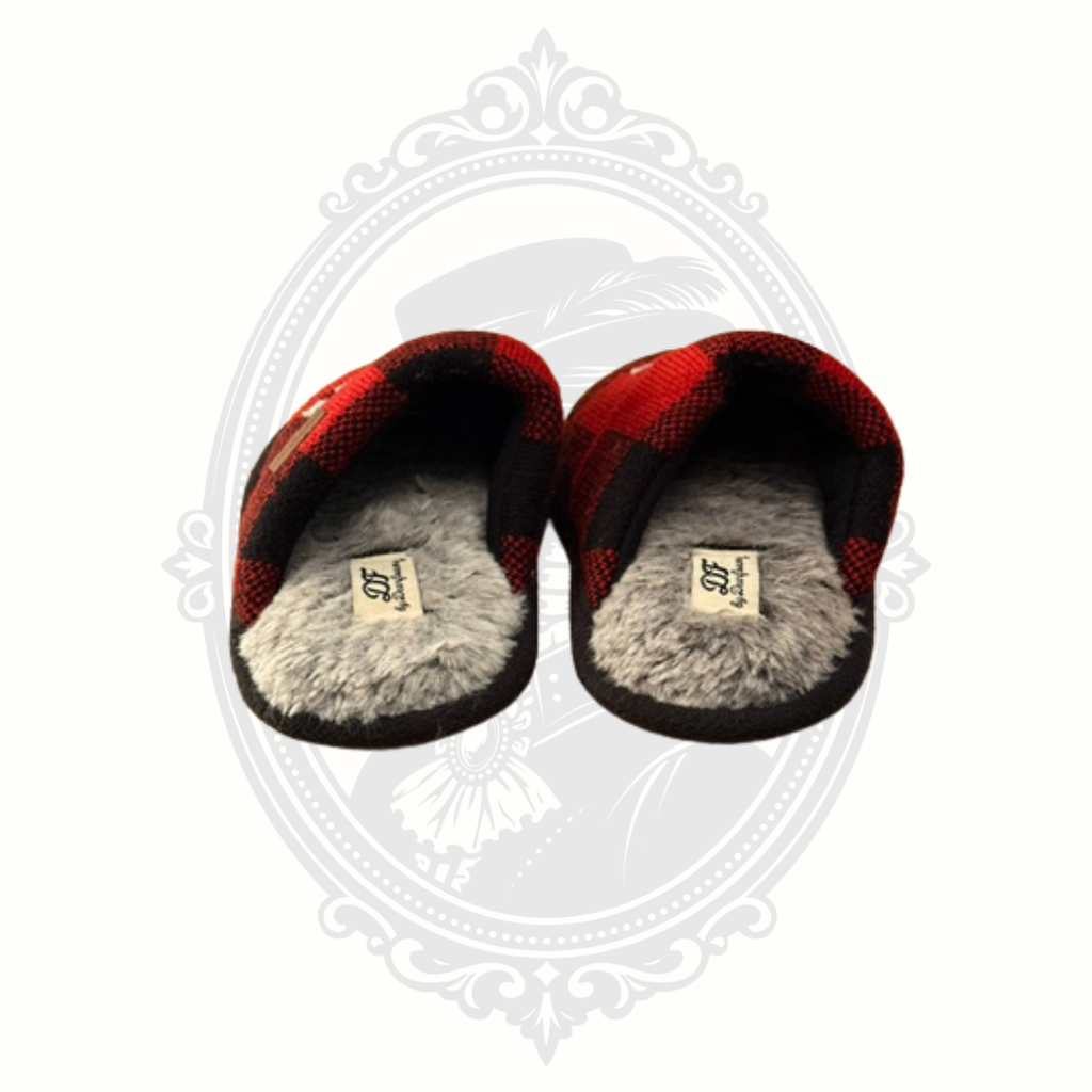 Dearfoams Lil Bear Buffalo Plaid Plush House Slippers Kids US 11-12 Red Black