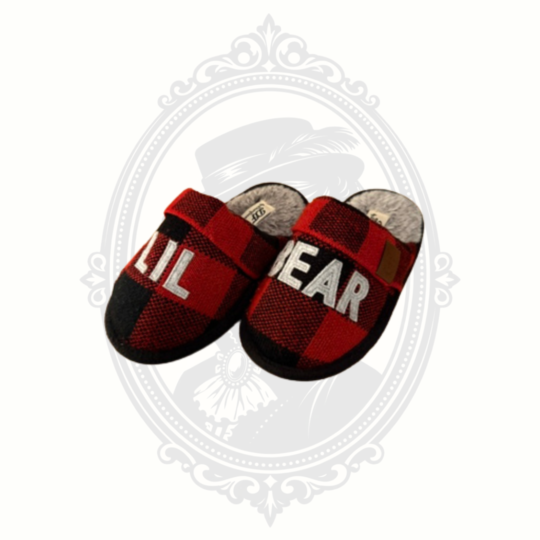 Dearfoams Lil Bear Buffalo Plaid Plush House Slippers Kids US 11-12 Red Black