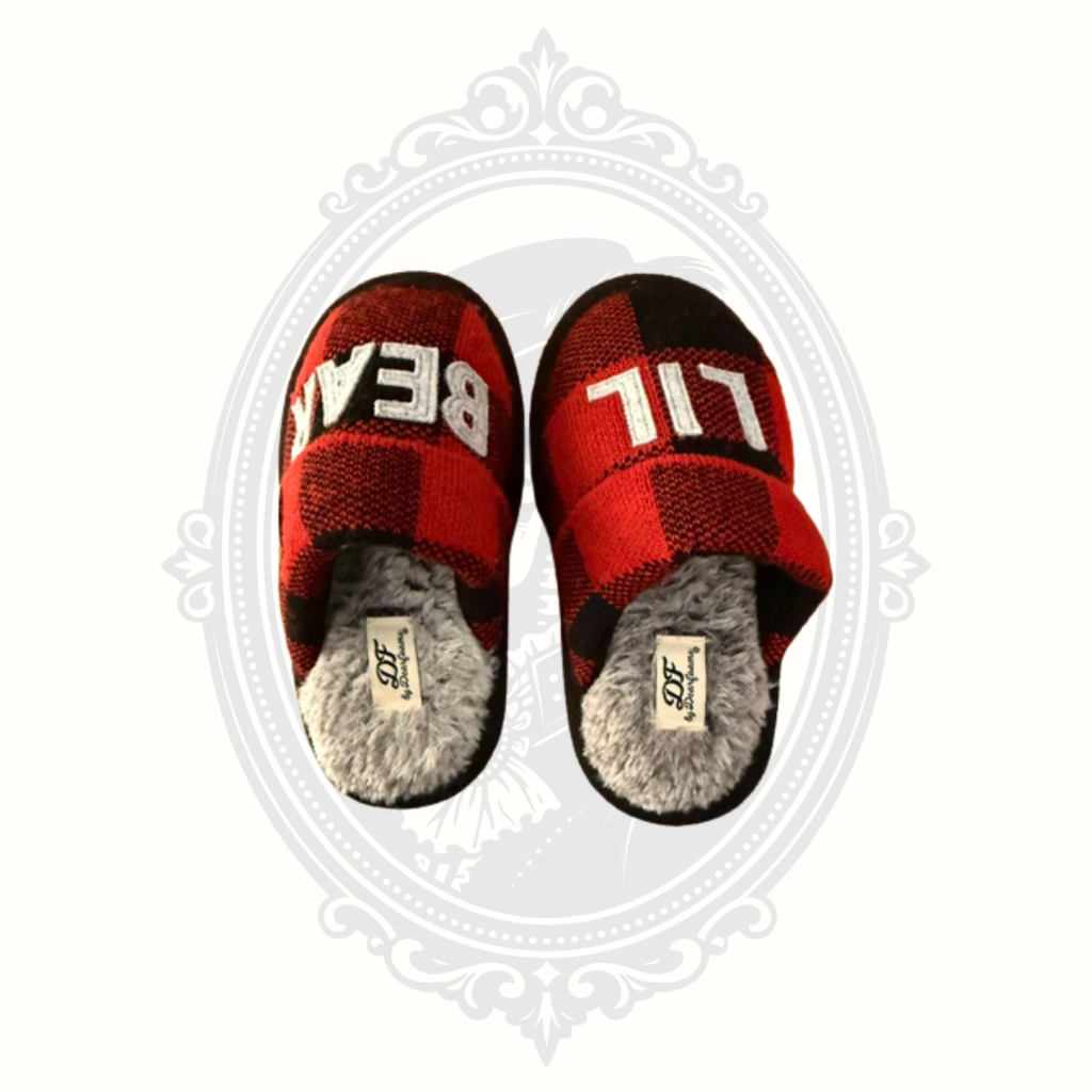 Dearfoams Lil Bear Buffalo Plaid Plush House Slippers Kids US 11-12 Red Black