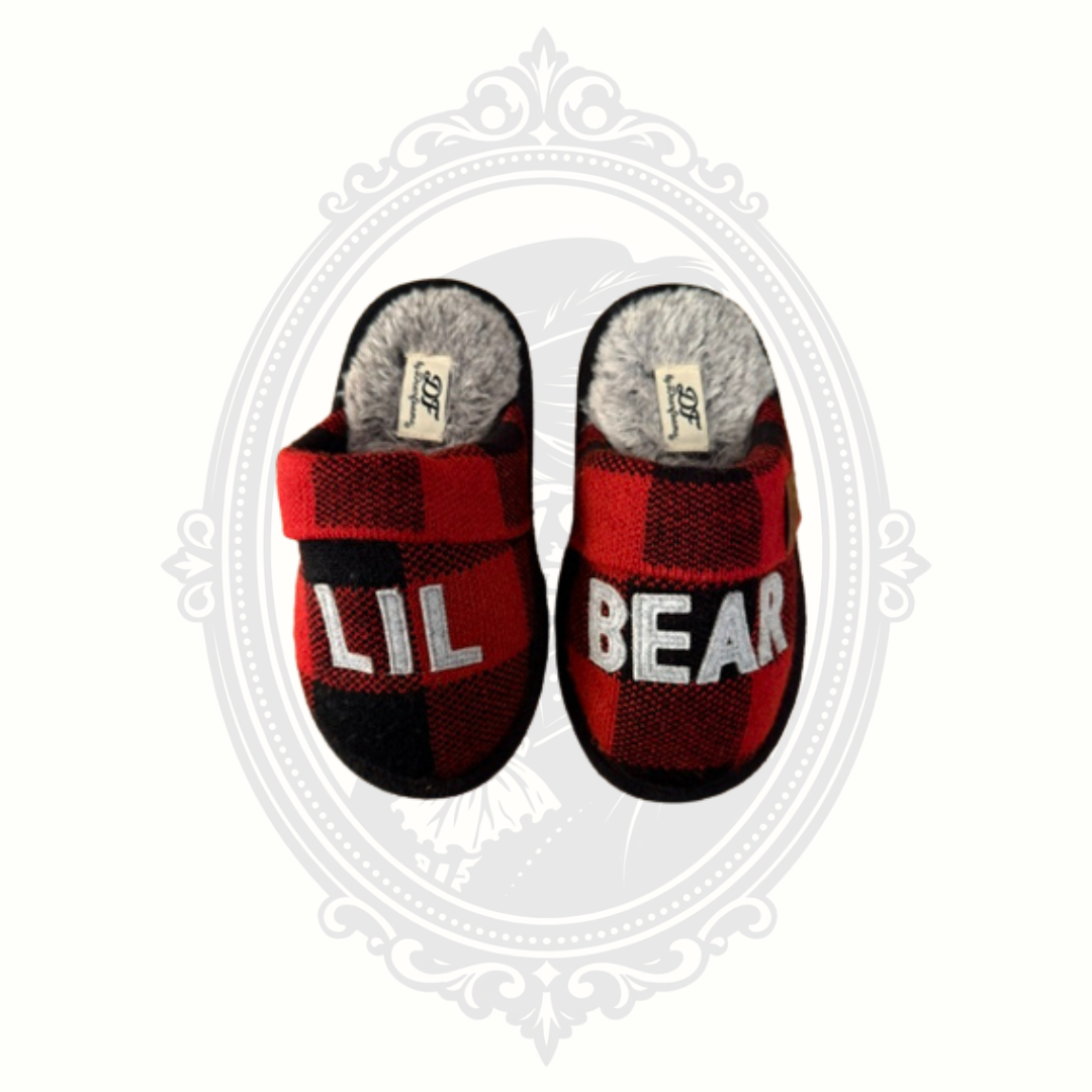 Dearfoams Lil Bear Buffalo Plaid Plush House Slippers Kids US 11-12 Red Black