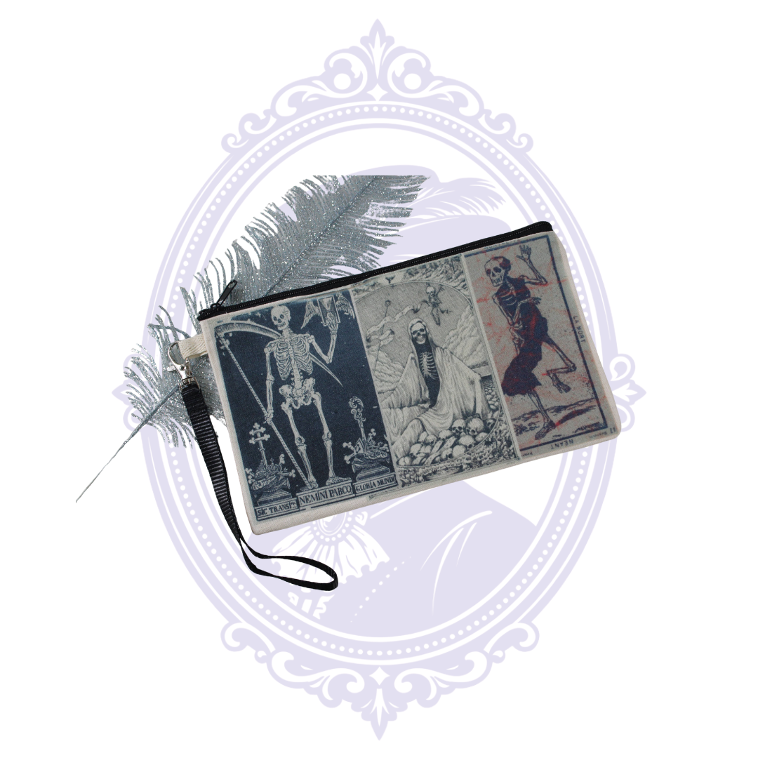Death Grim Reaper wristlet makeup bag with vintage skeleton and macabre artwork