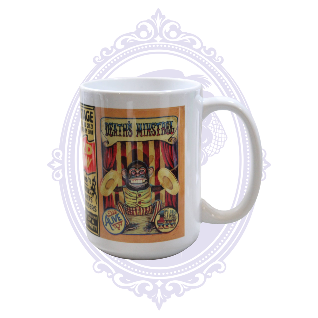Retro sideshow coffee mug featuring Death’s Minstrel mechanical monkey carnival poster artwork.