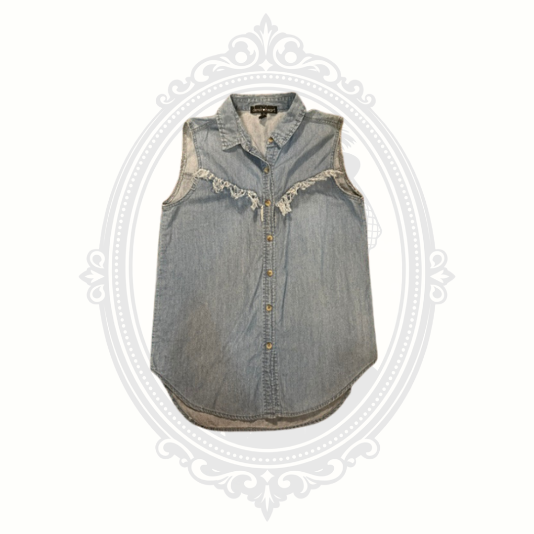 Derek Heart Sleeveless Chambray Fringe Top Small