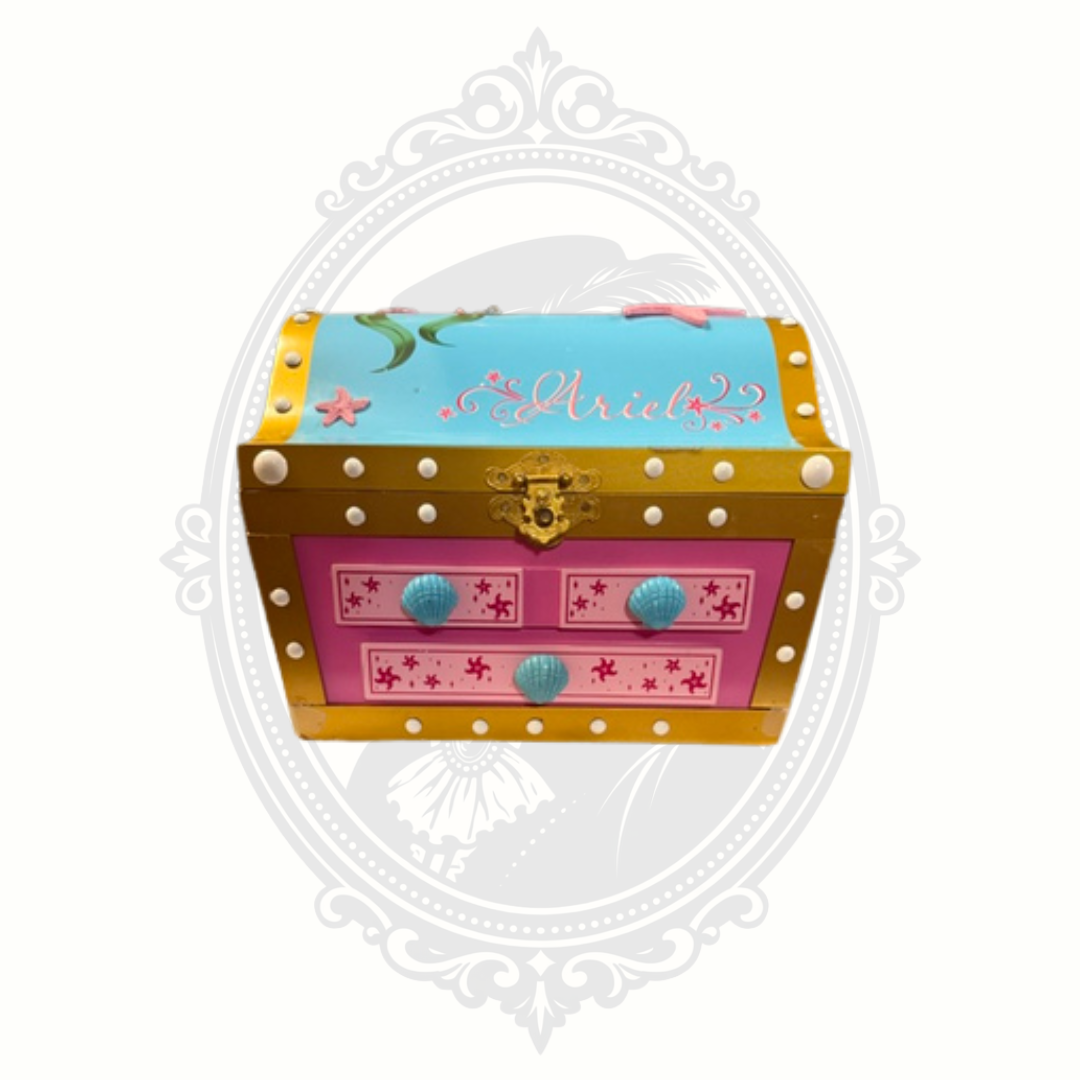 Disney Ariel Little Mermaid jewelry box closed front view with drawer and shell knobs