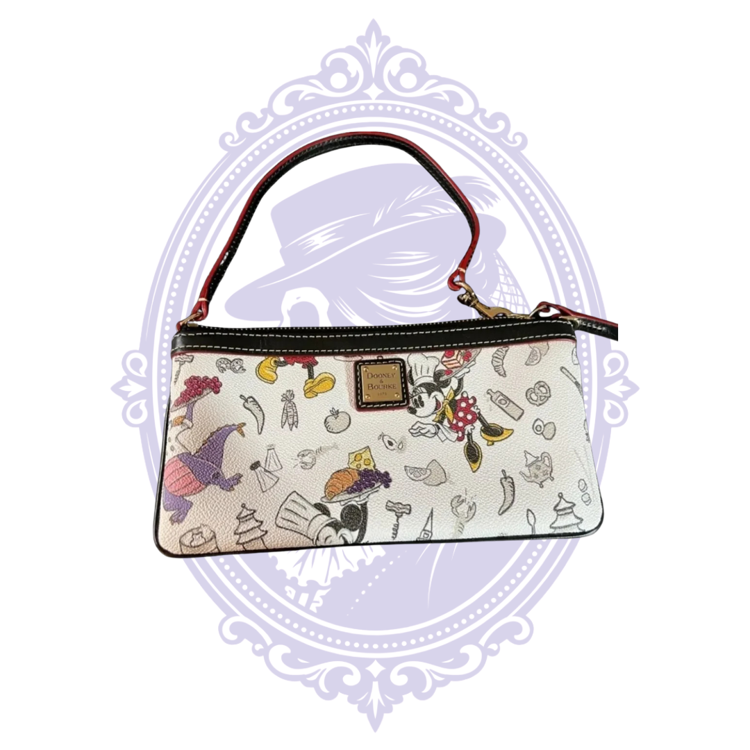 Front of Disney Dooney and Bourke 2018 EPCOT Food and Wine wristlet featuring Minnie and Figment