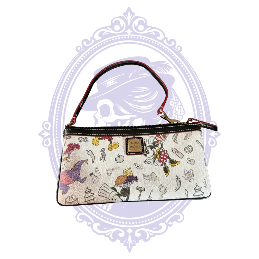 Close-up of Disney Food and Wine wristlet and leather carry strap