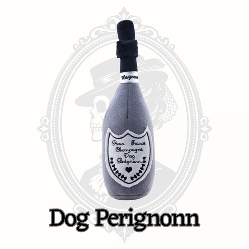 Dog Perignonn champagne bottle dog toy by Haute Diggity Dog XL size with plush squeaky design and reinforced lining for aggressive chewers