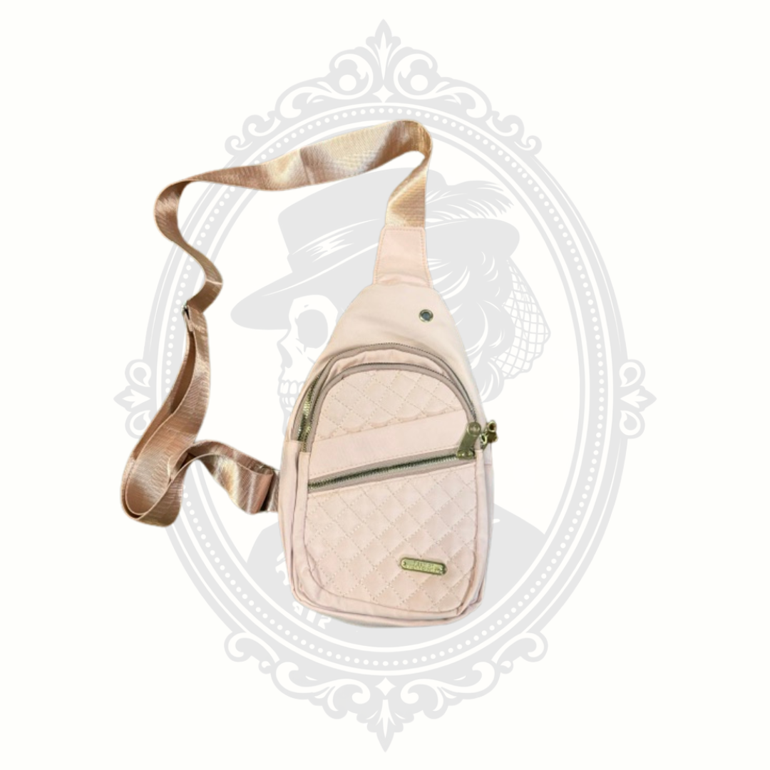 dusty rose quilted sling crossbody bag front view