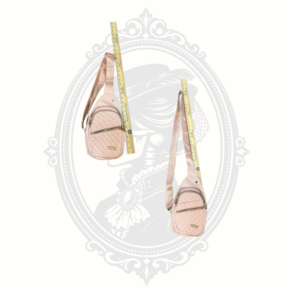 adjustable strap length of dusty rose crossbody bag at shortest and longest length