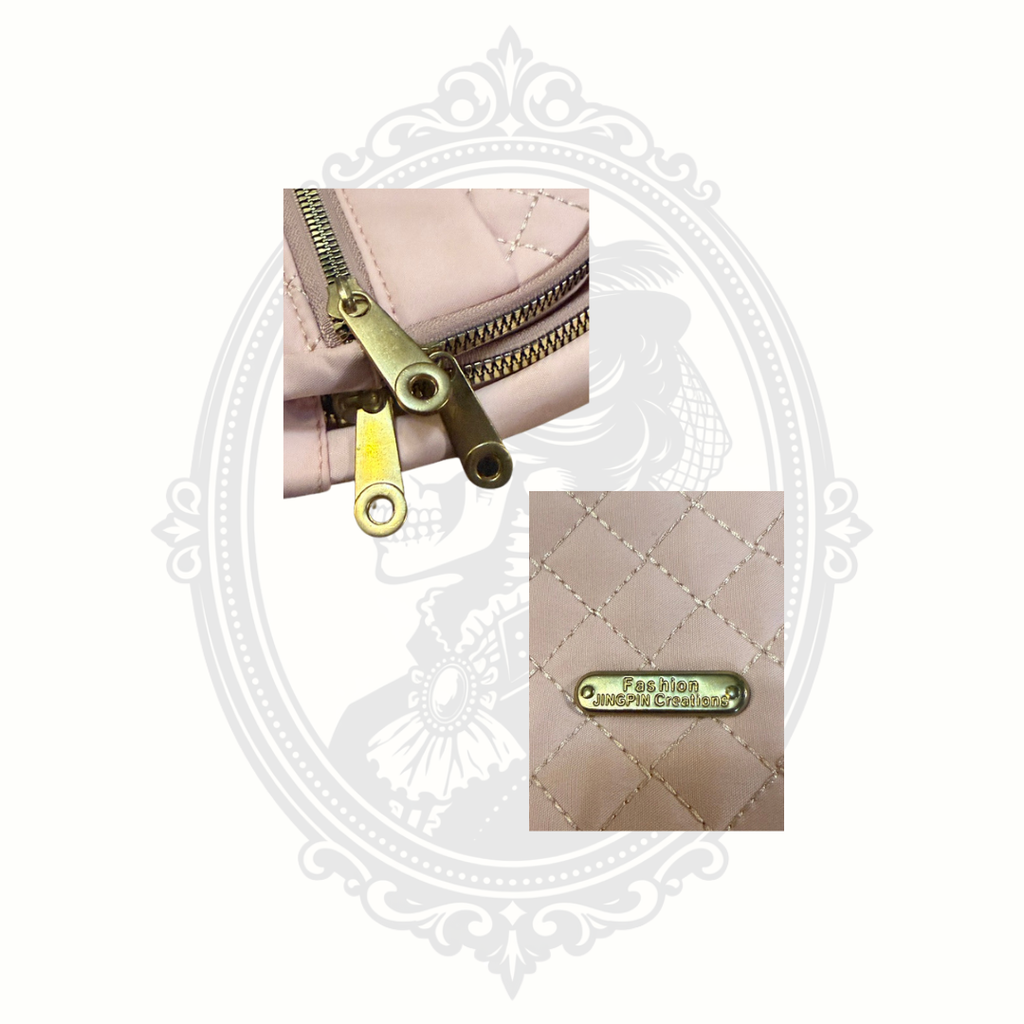 gold zipper detail on quilted blush crossbody bag