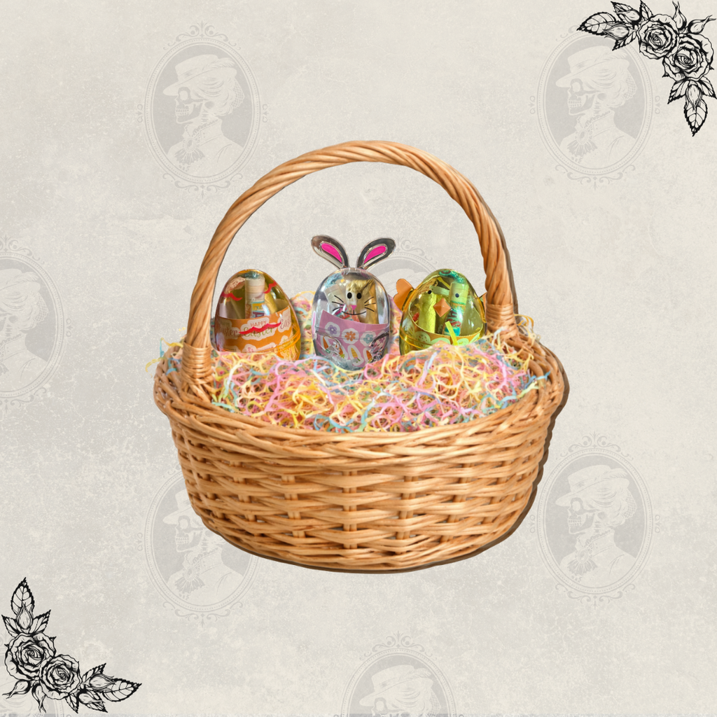 Easter basket filled with bunny carrot and chick lip gloss mystery stuffers colorful spring gift set