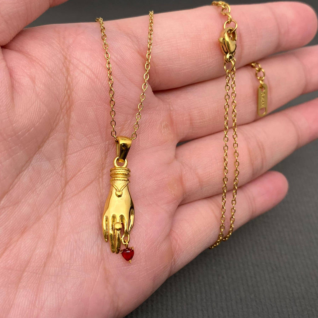 Heart CZ Palm Charm 18K Gold Plated S.Steel Necklace - FGS