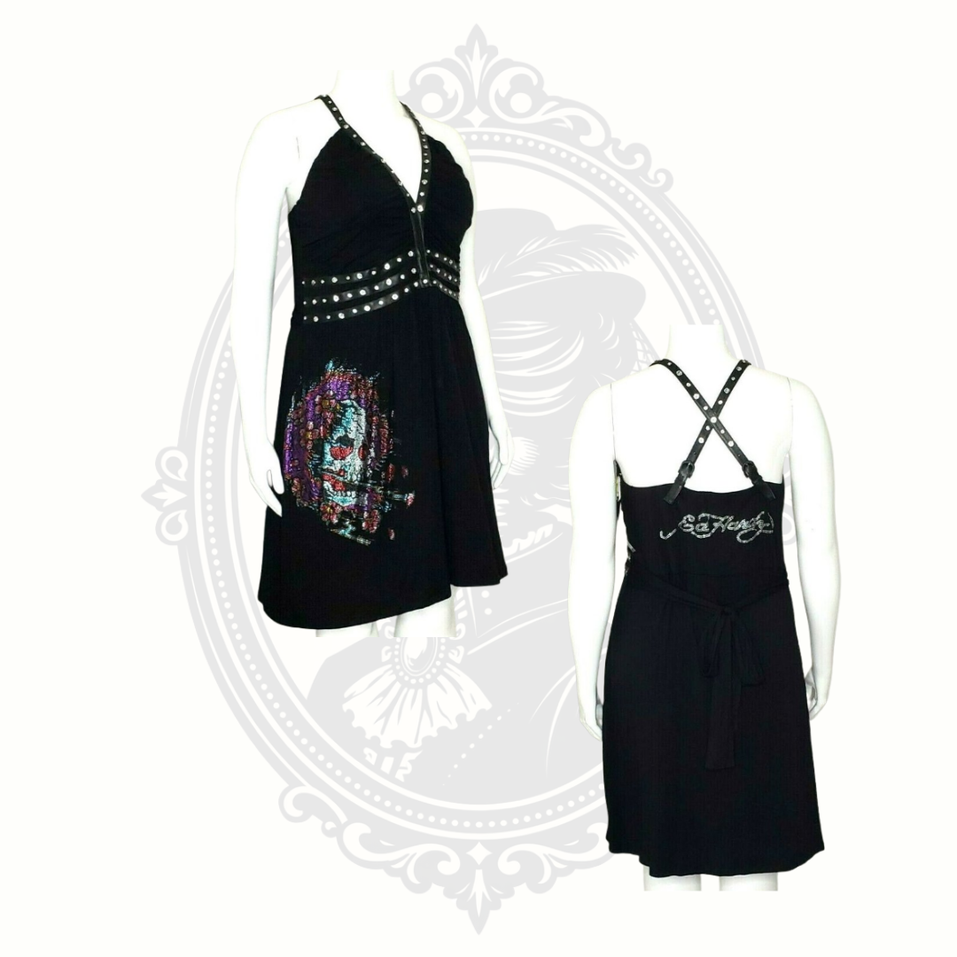 Full front and back view of black Ed Hardy skull dress with rhinestone graphic and cross-back straps.
