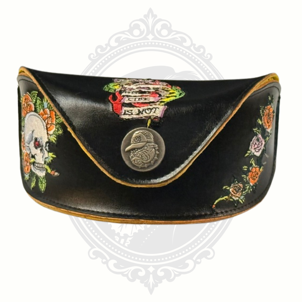 Ed Hardy sunglasses case front with skull and floral embroidery
