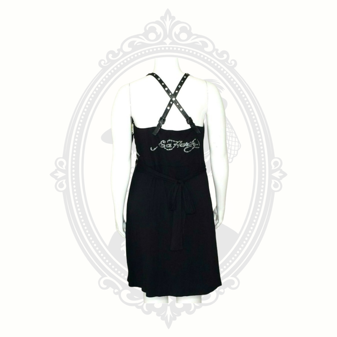 Back view of Ed Hardy dress featuring studded straps and gothic-inspired styling.