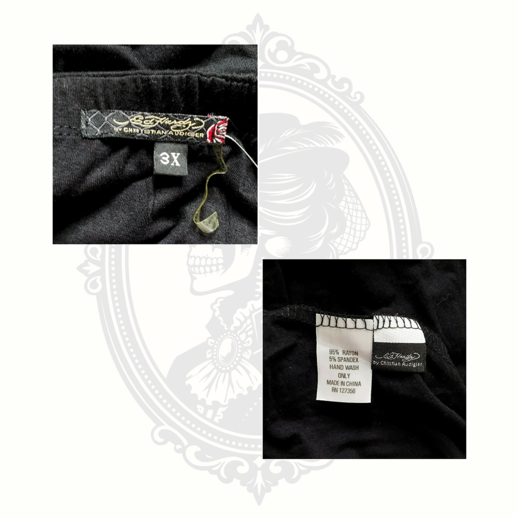 Material tag close-up showing rayon and spandex fabric blend on Ed Hardy dress.
