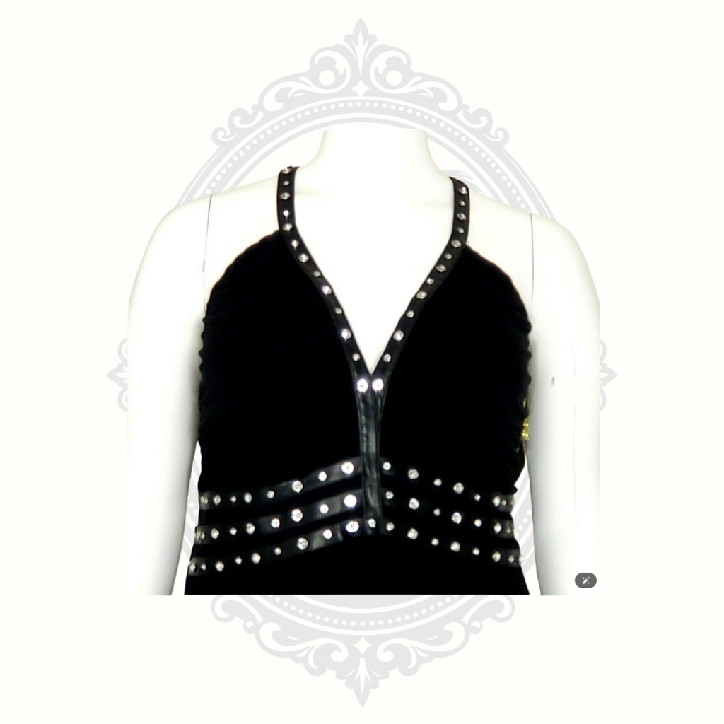 Close-up of rhinestone neckline detailing on black Ed Hardy skull dress.