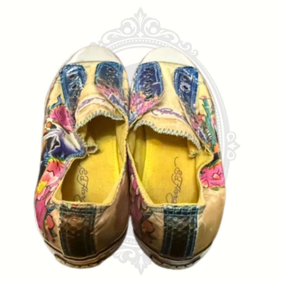 Top view of Ed Hardy slip-on sneakers with colorful skull and tattoo-style graphics