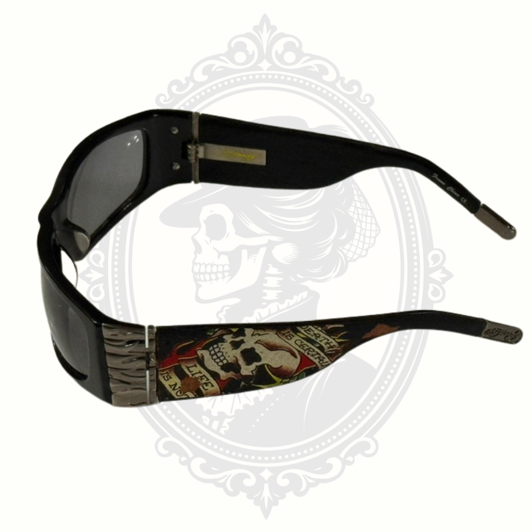 Ed Hardy sunglasses angled open view showing frame shape and arms