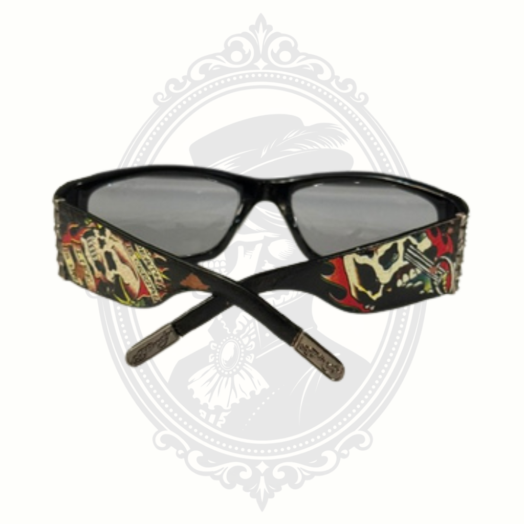 Ed Hardy skull sunglasses back view crossed arms design