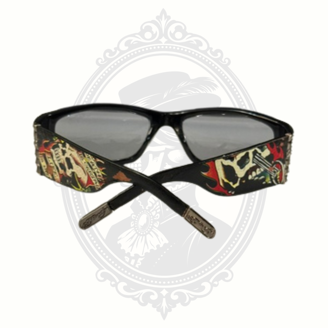 Ed Hardy skull sunglasses back view crossed arms design