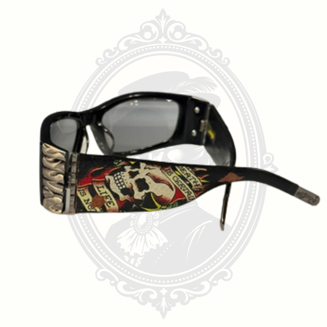 Ed Hardy sunglasses left arm skull graphic tattoo design