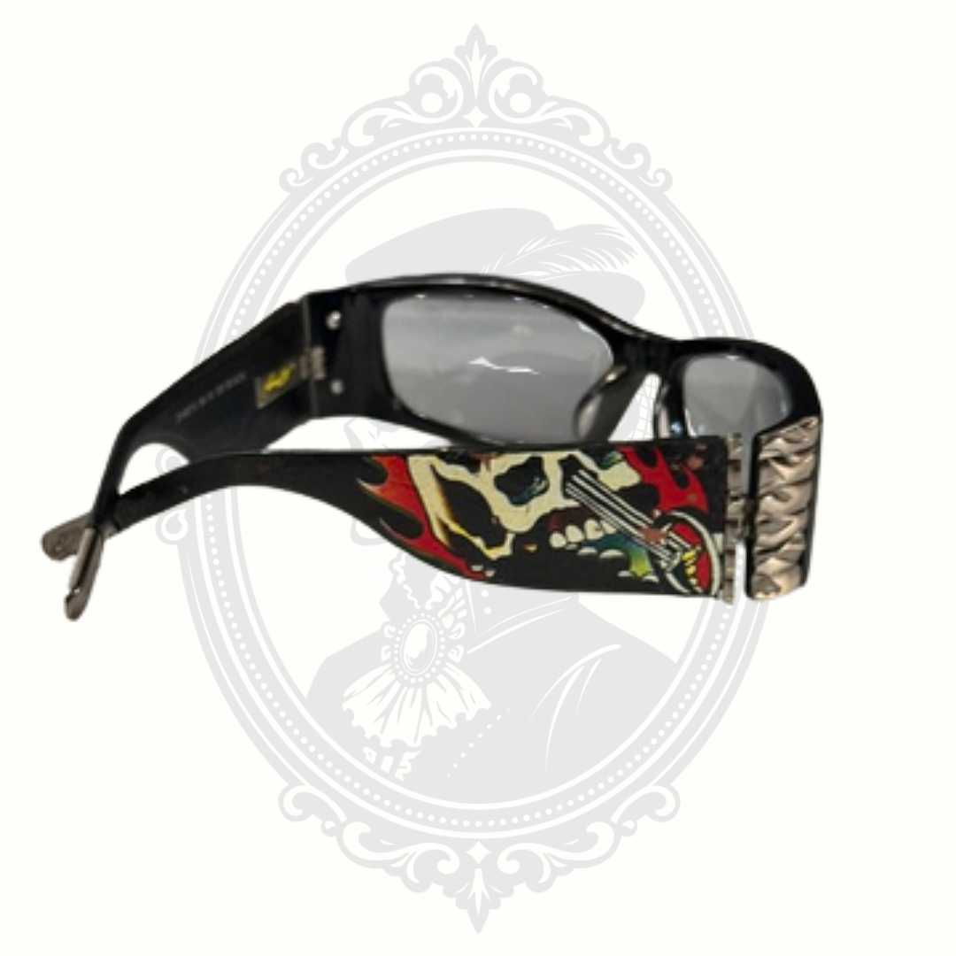 Ed Hardy sunglasses right arm skull artwork and metal hinge detail