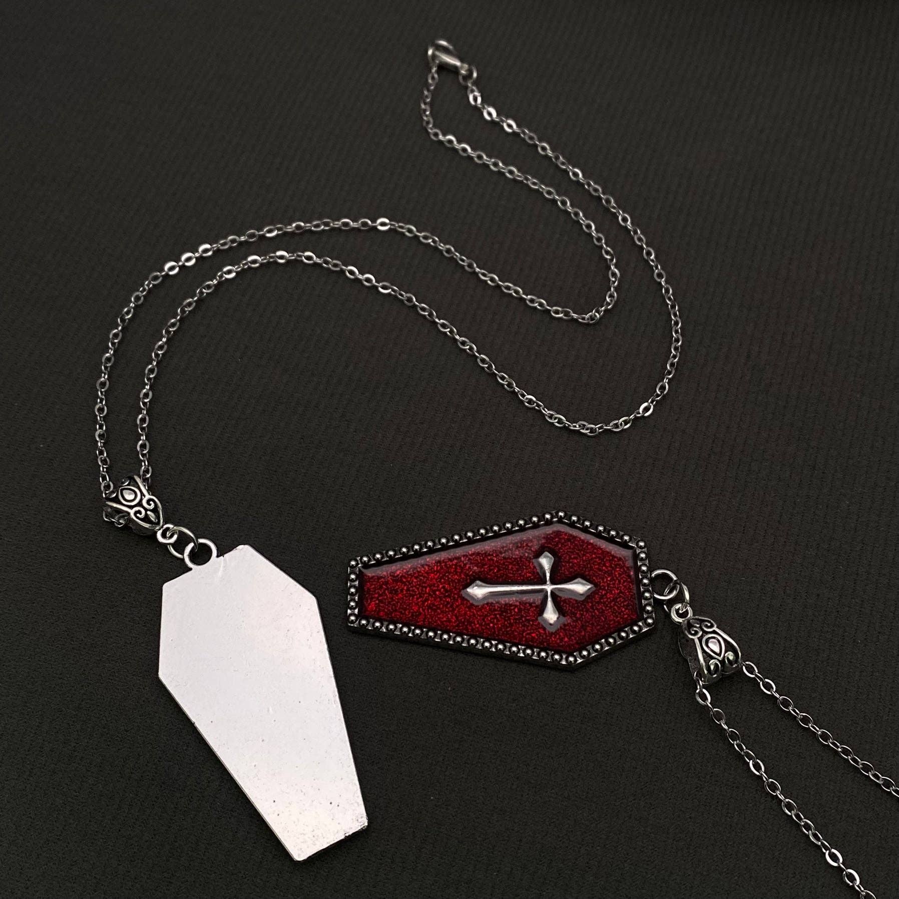 Gothic Enamel Cross Coffin Charm Necklace - GT