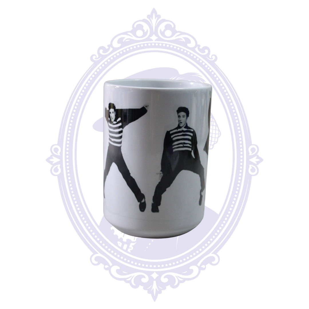 White 15 oz Elvis Presley coffee mug featuring multiple classic Elvis dancing poses