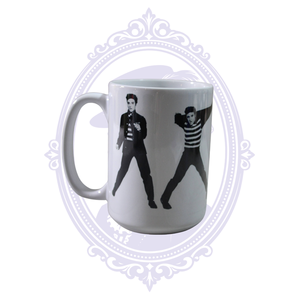Side view of Elvis Presley ceramic mug with black-and-white rock and roll performance poses