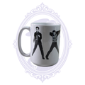Side view of Elvis Presley ceramic mug with black-and-white rock and roll performance poses
