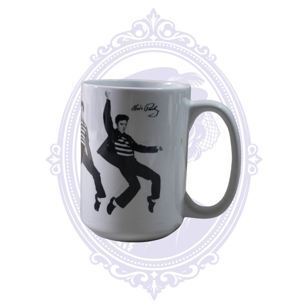 Elvis Presley 15 oz ceramic mug with black-and-white dancing poses and Elvis signature