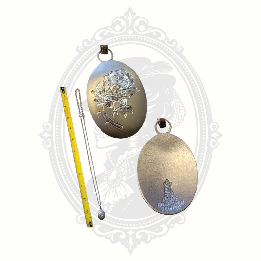 Vintage pewter rose pendant necklace showing engraved front, back stamp, and measurement for size reference