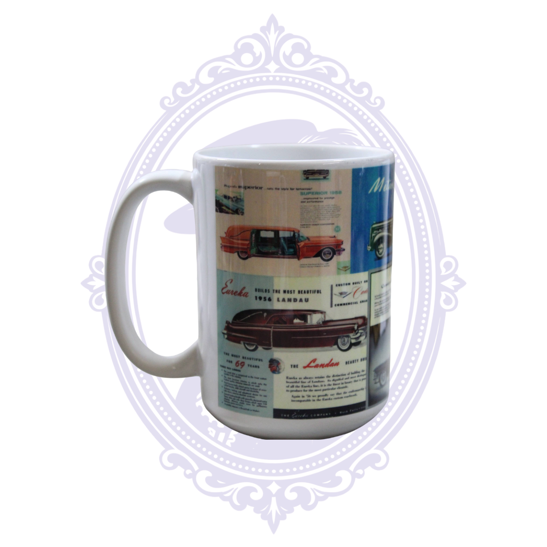 15 oz coffee mug featuring vintage Mercury and Eureka Landau automobile advertising artwork.