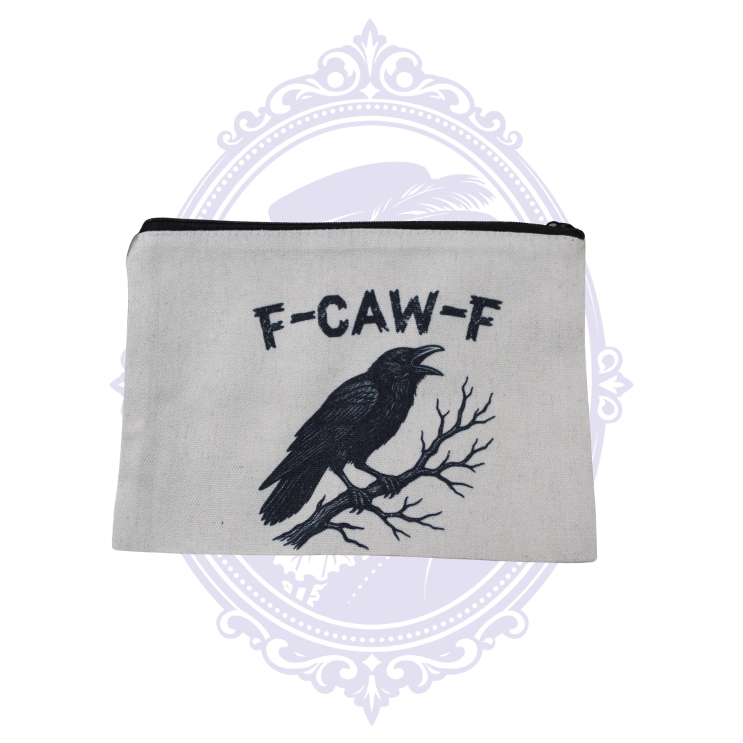 F-CAW-F raven wristlet makeup bag with black crow perched on a bare branch