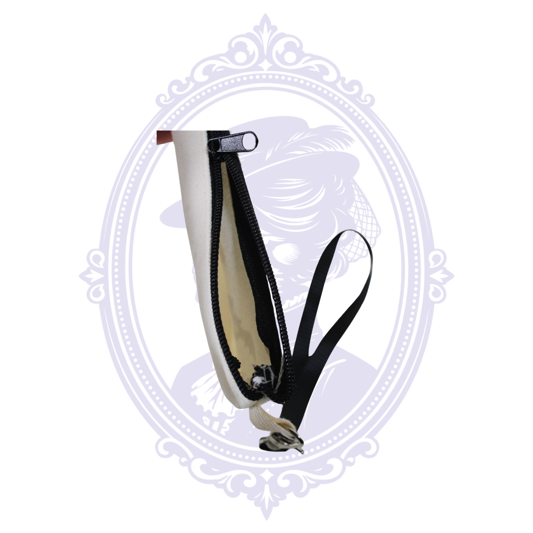 8x6 F-CAW-F raven makeup bag showing black zipper, interior and detachable wrist strap