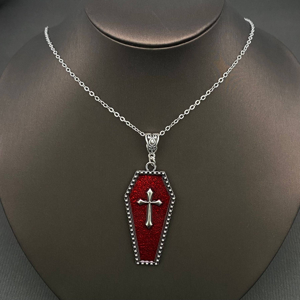 Gothic Enamel Cross Coffin Charm Necklace - GT