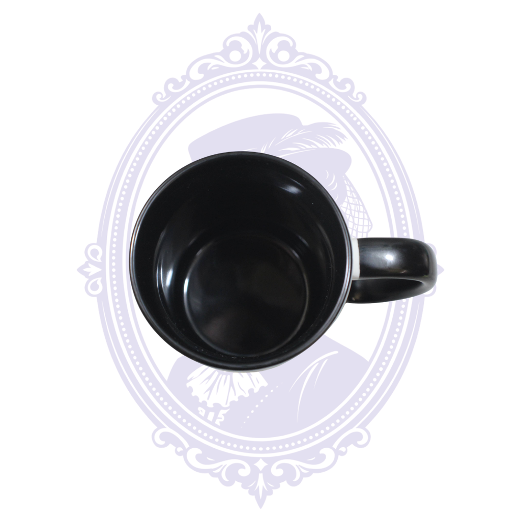 Top view of First Ladies of Goth 15 oz ceramic mug showing black interior and black handle.