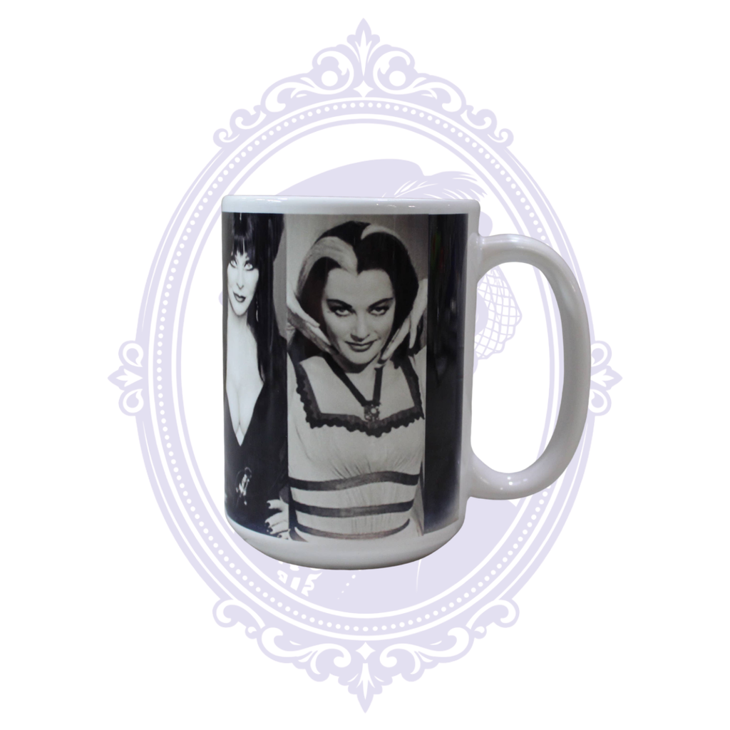 First Ladies of Goth 15 oz mug featuring black-and-white portrait of Lily Munster.