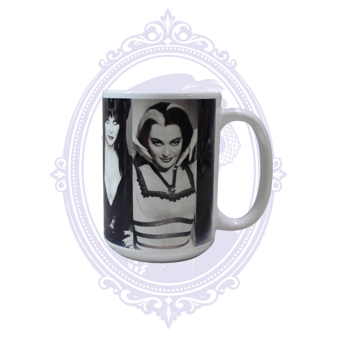 First Ladies of Goth 15 oz mug featuring black-and-white portrait of Lily Munster.