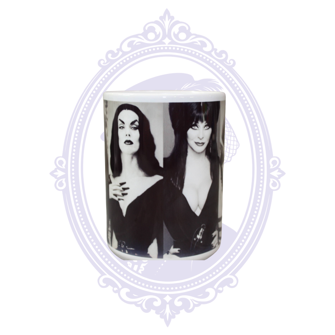 First Ladies of Goth 15 oz mug featuring black-and-white portrait of Lily Munster.