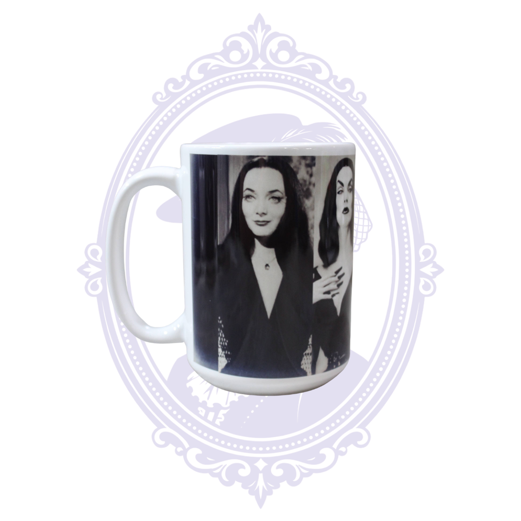 First Ladies of Goth 15 oz mug featuring black-and-white portraits of Morticia Addams and Elvira.