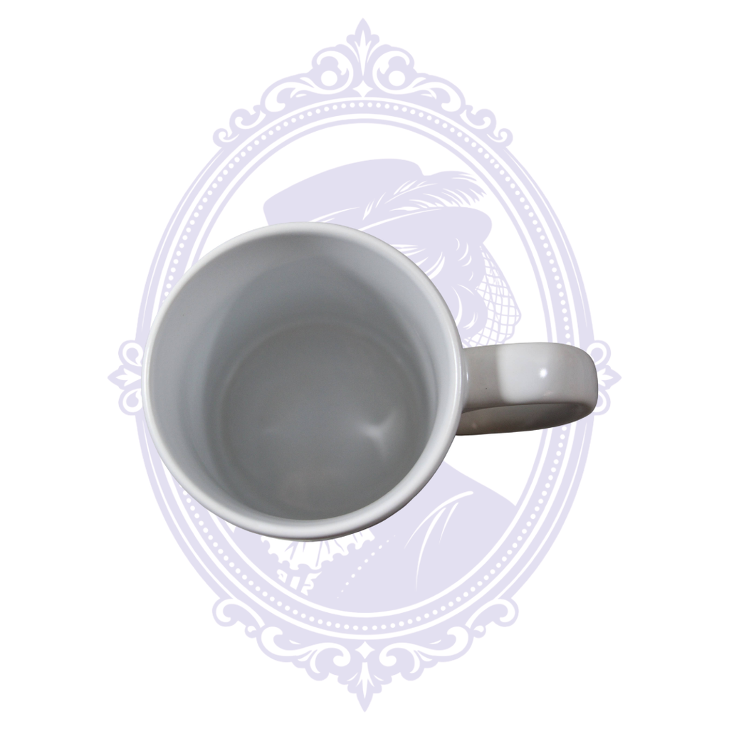 Top view of white 15 oz ceramic Flock Around and Find Out crow mug showing clean interior and handle