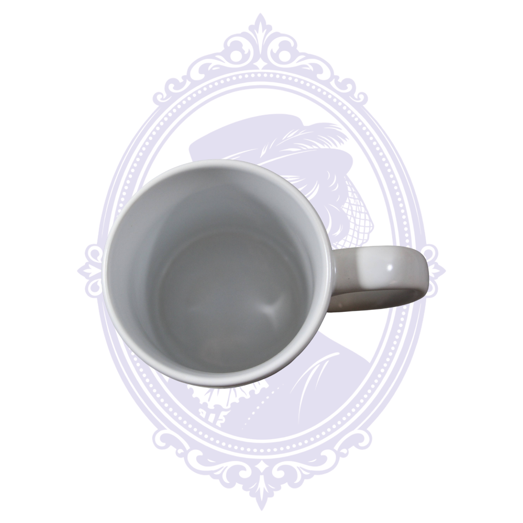 Top view of white 15 oz ceramic Flock Around and Find Out crow mug showing clean interior and handle