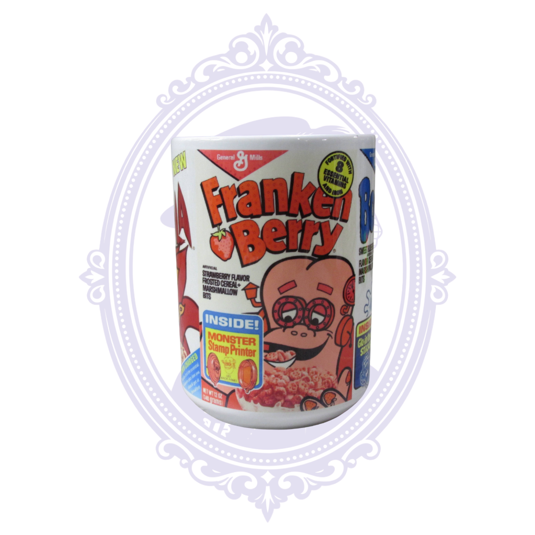15 oz ceramic mug featuring colorful retro Franken Berry General Mills Monster Cereal box artwork.