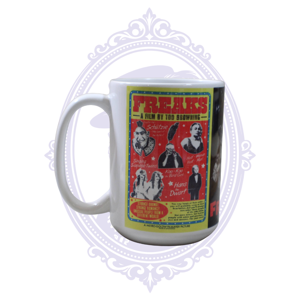 15 oz ceramic mug featuring colorful vintage poster artwork from Tod Browning's 1932 film Freaks.