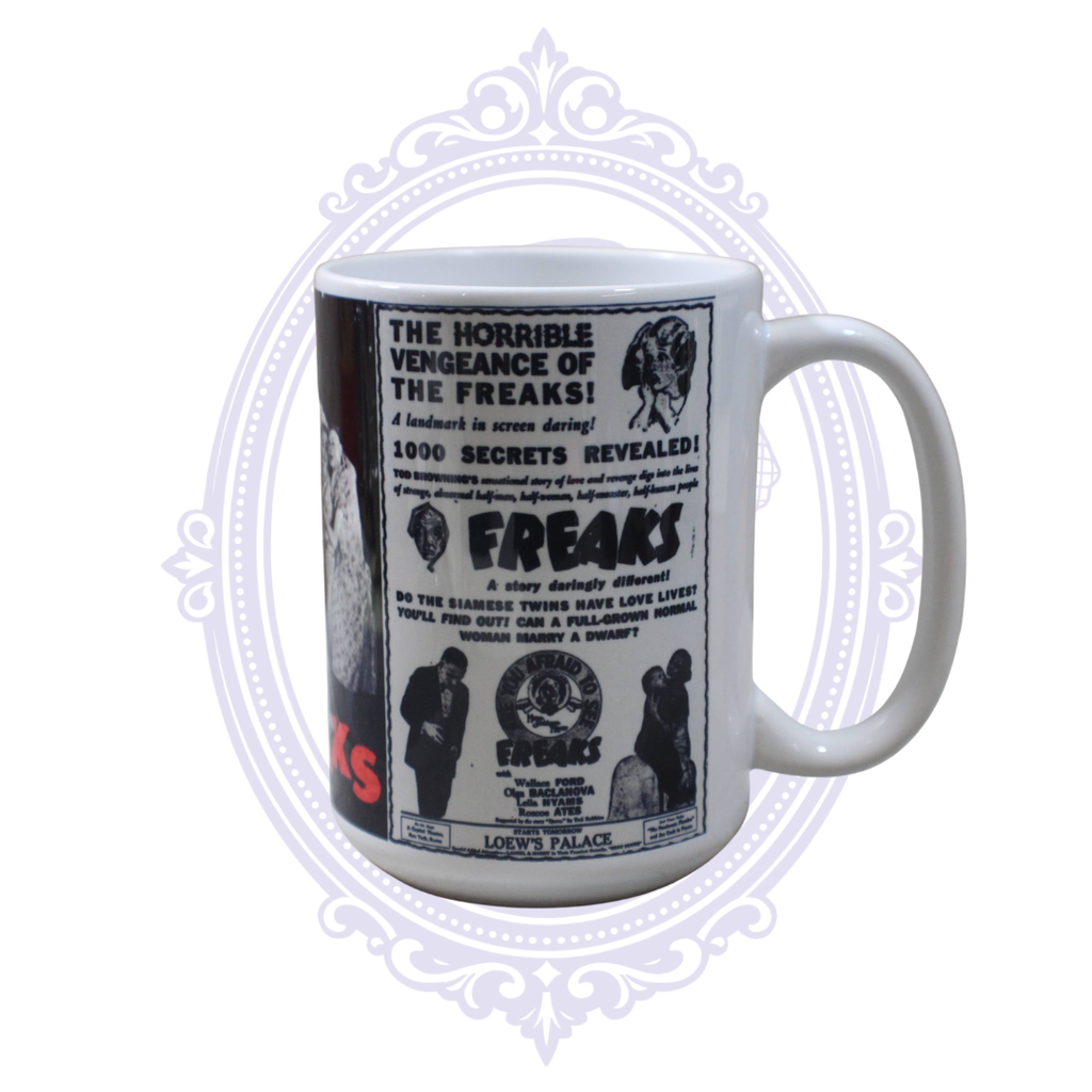 Vintage horror movie mug featuring a black-and-white theatrical advertisement for the 1932 film Freaks.